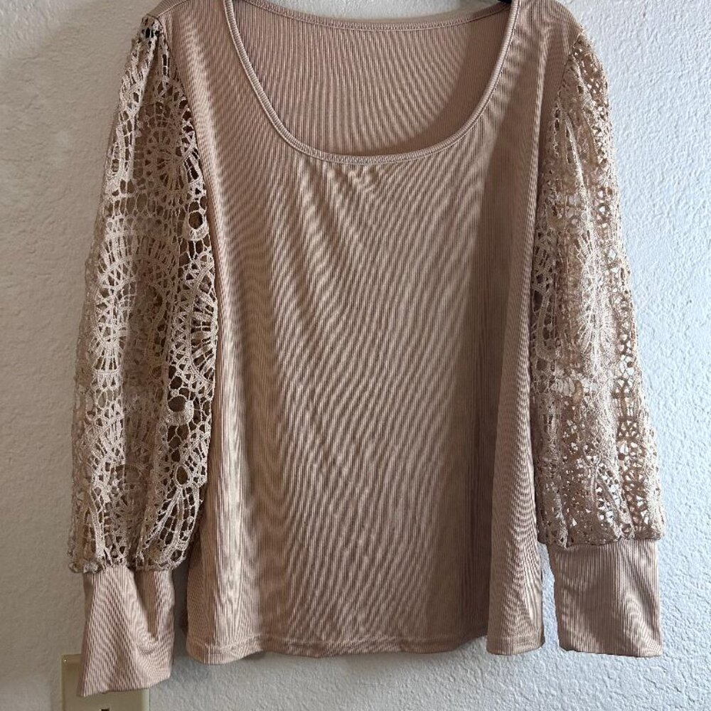 Shein Curve Beige Crochet Sleeve Ribbed Blouse Size 1X